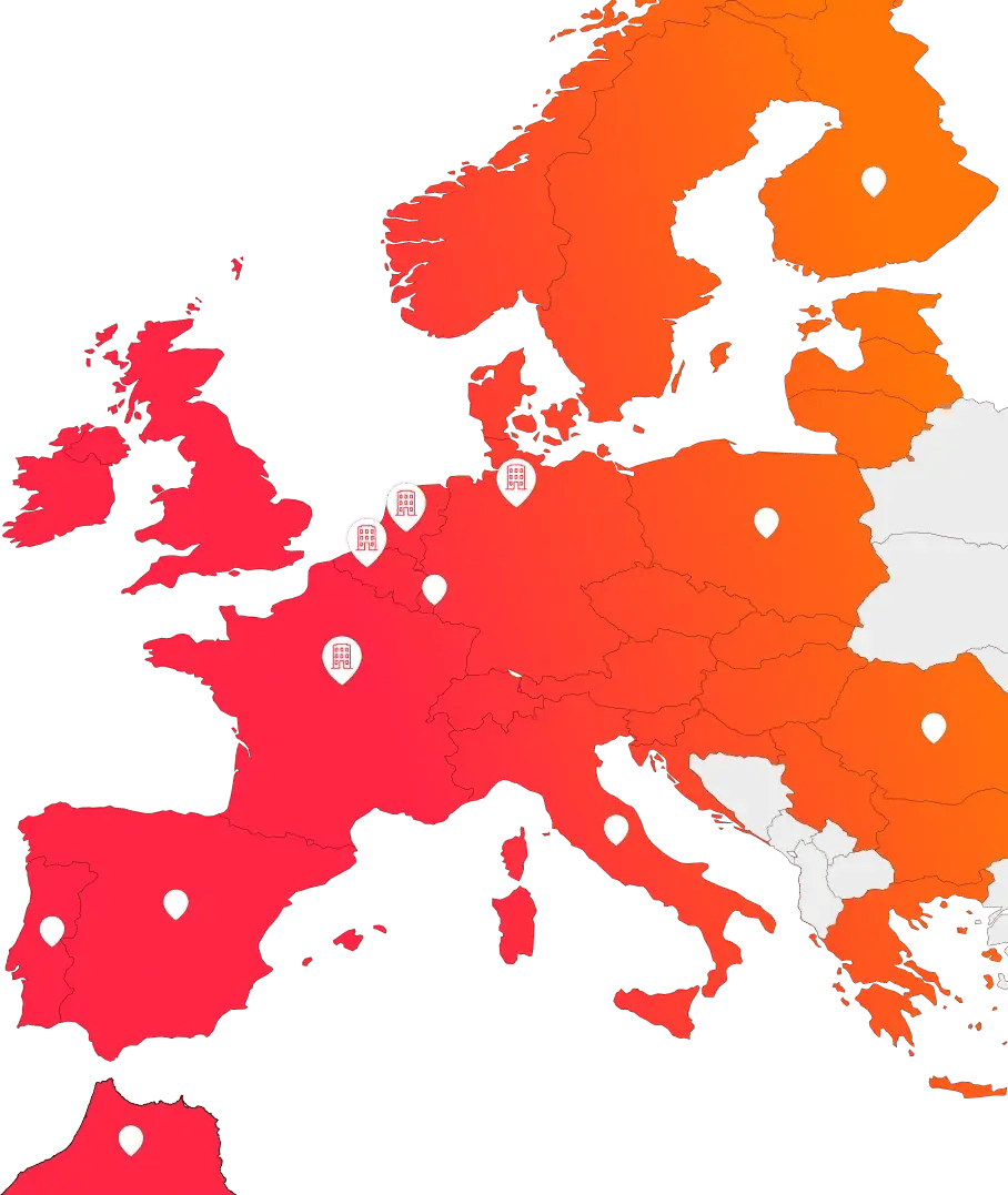 Carte de l'Europe avec les pays où la plateforme RetailSonar est disponible et nos bureaux