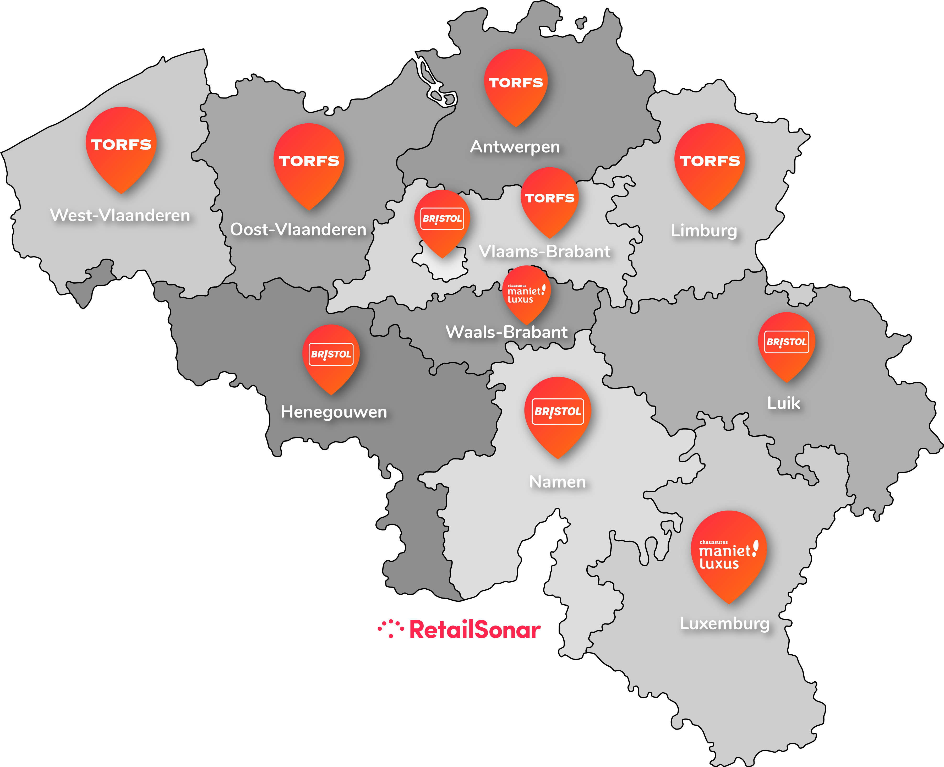 Kaart België per provincie de schoenenwinkel waar het meest verdiend wordt